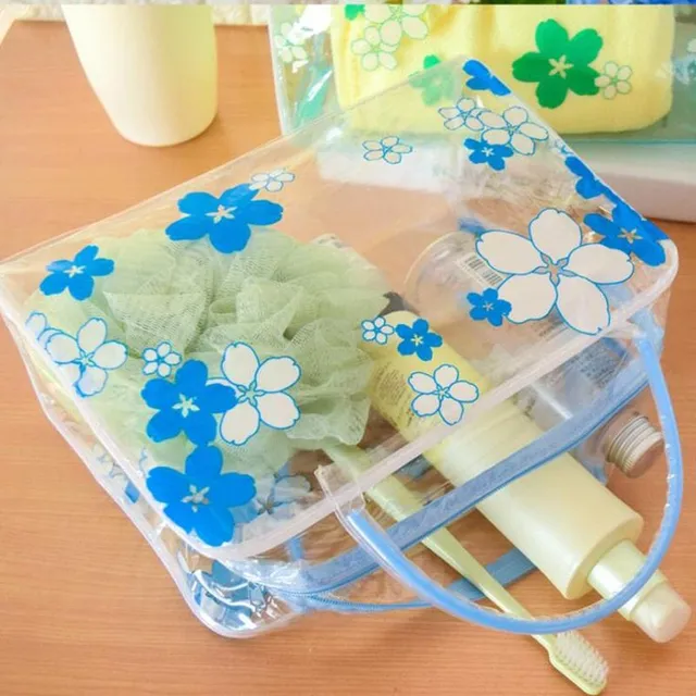 Transparent toiletry bag with floral motif for cosmetics and more