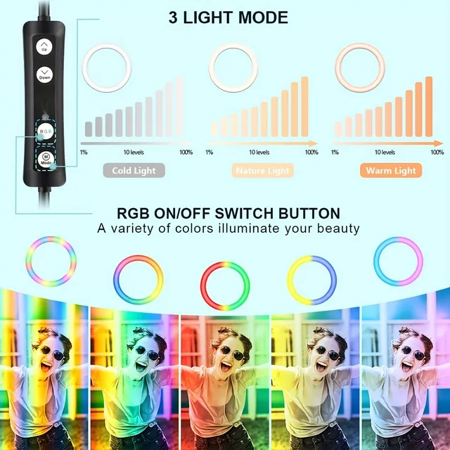 Ringlight pre selfies a tvorbu (25,4 cm) s nastaviteľným RGB LED svetlom, statívom a telefónnym držiakom