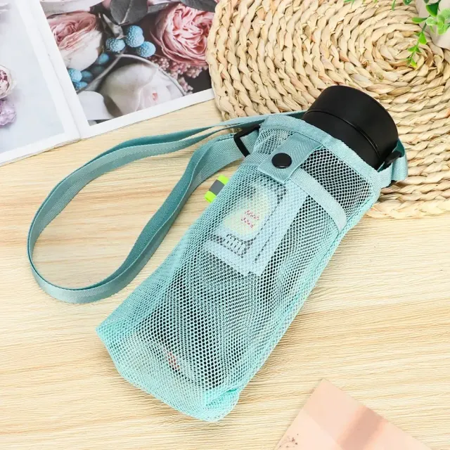 Network wrapper for sports bottle with pocket for mobile phone, suitable for camping