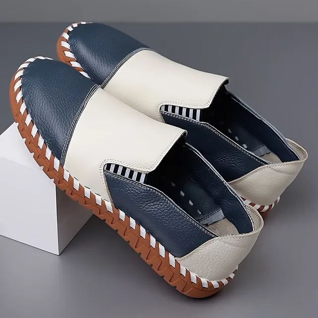 Male fashionable colored blocks slip-on shoes made of beef leather with comfortable anti-slip rubber sole