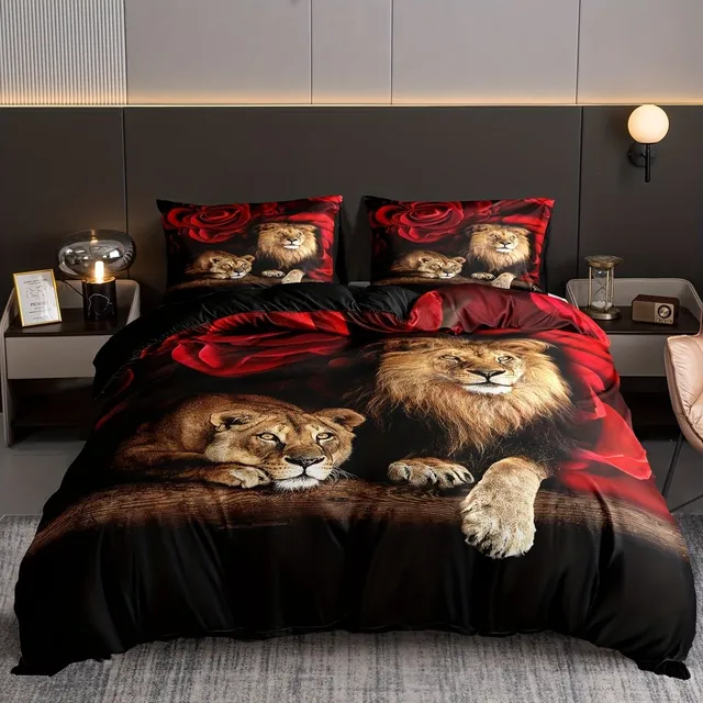 Lenjerie de pat de lux cu motiv de leu roz, moale și confortabilă, pentru dormitor și camera de oaspeți