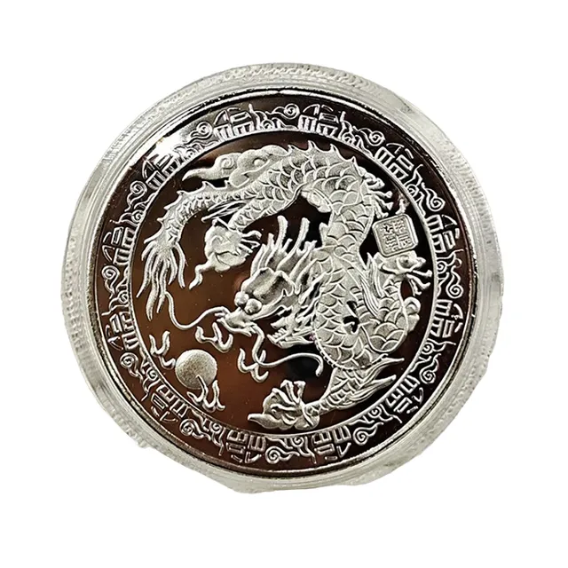 Pièce commémorative avec dragon chinois 4 cm - Pièce de collection avec dragon du zodiaque chinois - Pièce chinoise peinte et dorée avec dragon - Pièce métallique pour l'année du Dragon dans un étui transparent