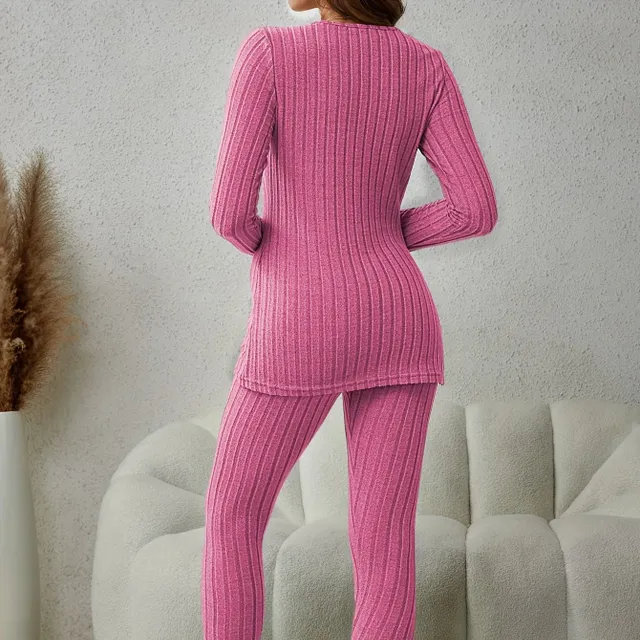 Ladies' two-piece set in ribbed knit - long sleeves, slit, bell bottoms