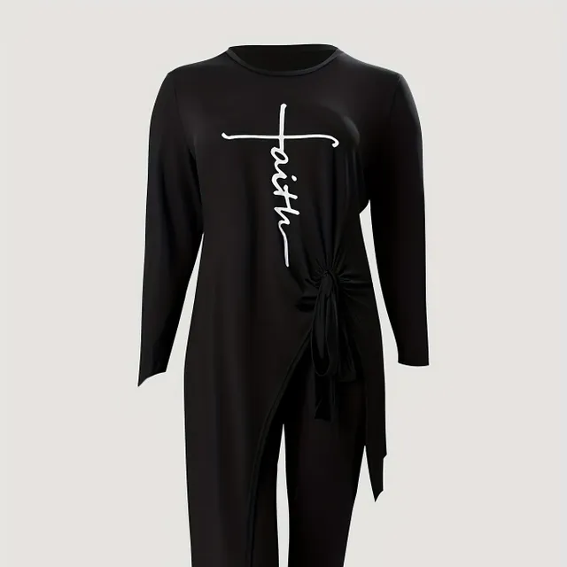 2-piece Plus Size set with letters and knot on the side, long sleeve shirt + trousers, women's, casual, slightly elastic