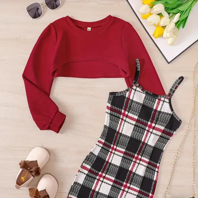 Trends of girls' set: Sundres and crop sweatshirt in plaid pattern - Casual outfit for spring and autumn