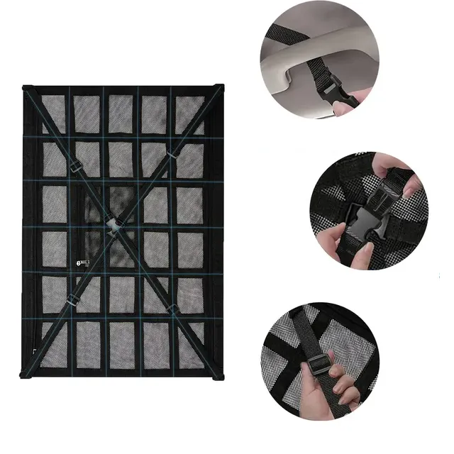 Double and zipper ceiling load net, adjustable straps for safe mounting of the load in the car