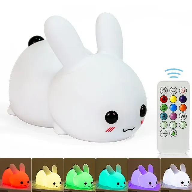 Dětské noční světýlko LED králík s dálkovým ovládáním, stmívatelné RGB, dobíjecí silikonová lampa