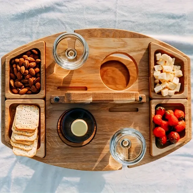 Folding picnic table with wine holders and wooden snack tray