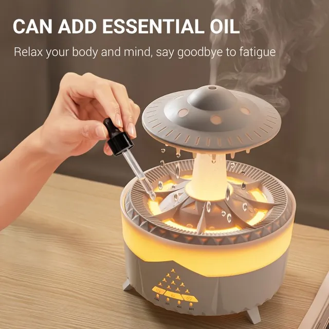 Air humidifier with rain cloud and drops, diffuser, aroma lamp