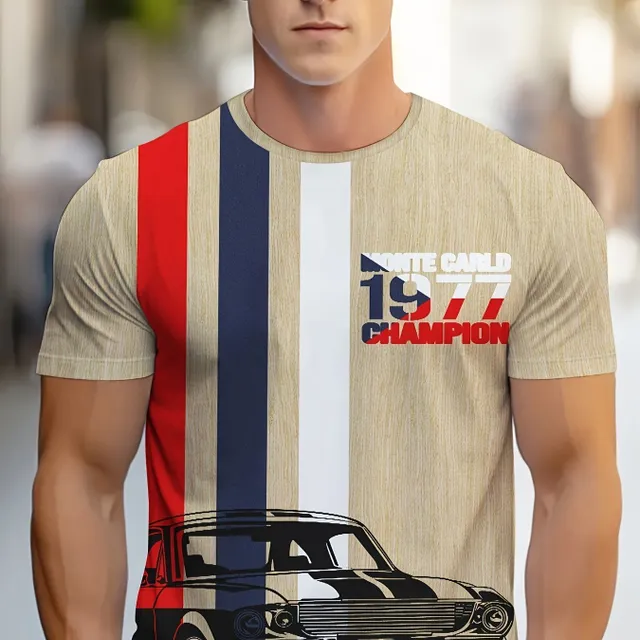 Men's striped T-shirt with car printing, casual with short sleeve and round neckline for outdoor wearing