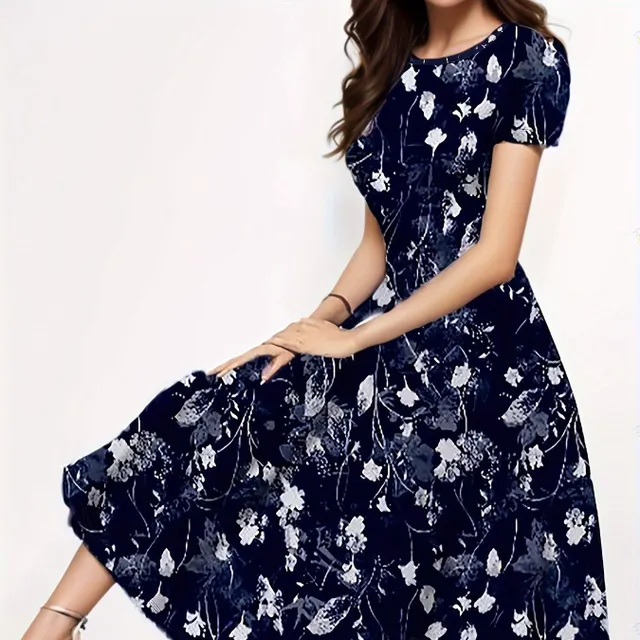 Model floral - Rochie cu decolteu rotund, Elegantă, Mâneci scurte (Primăvară/Vară)