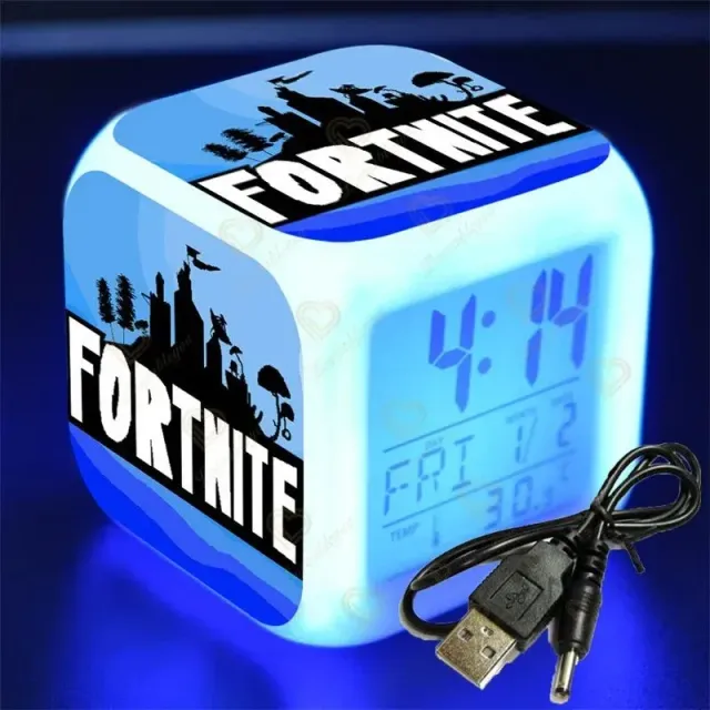 LED hranatý digitální budík s podsvícením a motivy oblíbené hry Fortnite