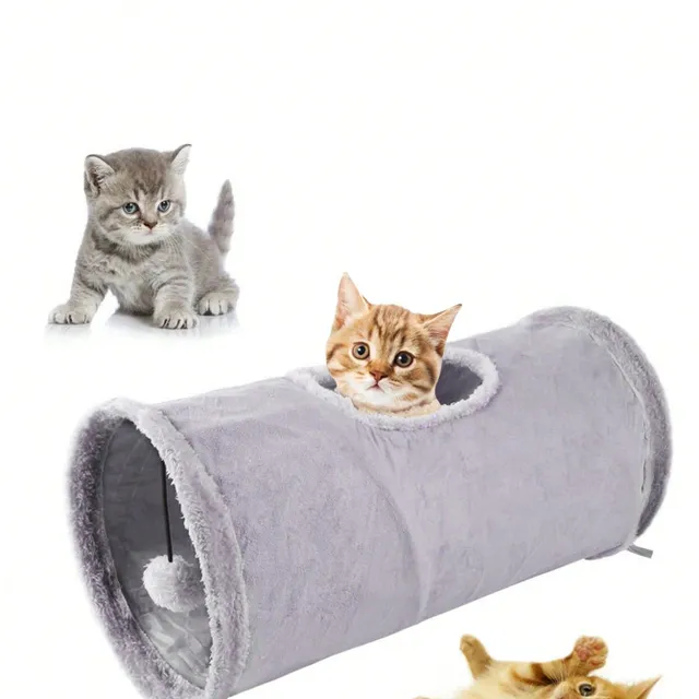 Tunel pliabil pentru pisici cu decor pom-pom pentru distracția pisicilor