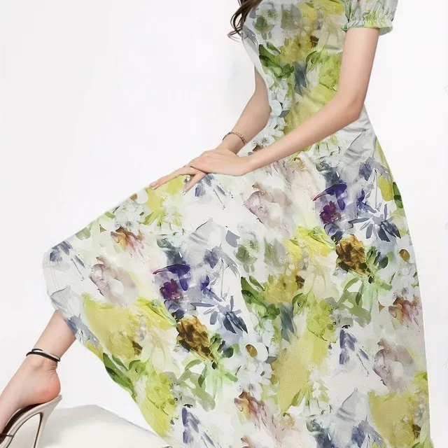 Flower Pattern - Dress with round neckline, Elegant, Short Sleeves (Spring/Summer)