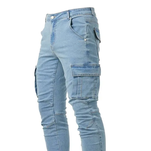 Male cargo jeans slim cut with multiple pockets, medium elastic denim fabric, leisure street style