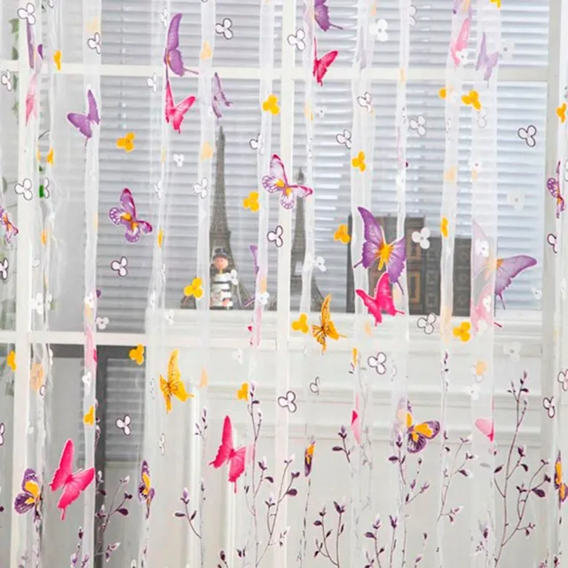 Satin curtain with butterflies and flowers
