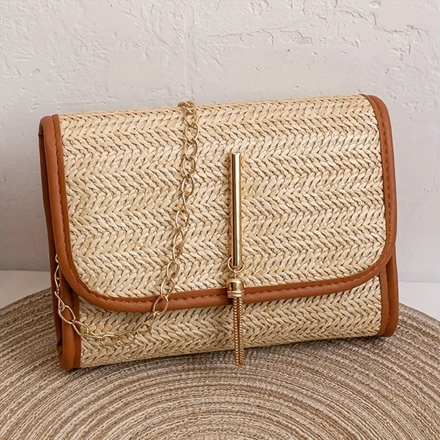 Trends bag over shoulder with fringes and woven pattern of grass - fashion supplement for shopping and date