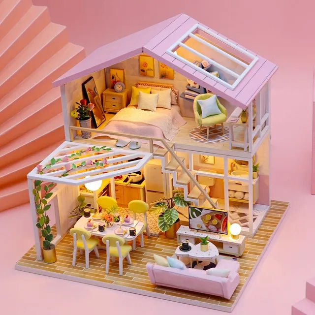 Miniature kit of play house, set Model of building with furniture Doll Miniature house for girls Room Bedroom Home accessories Compilation of 3D three-dimensional puzzle Toys Birthday Handmade gift