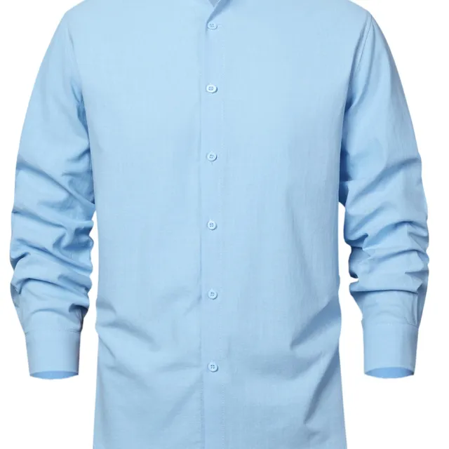 Chemise à manches longues pour homme avec col montant, unie, en tissu coton-lin, décontractée et élégante