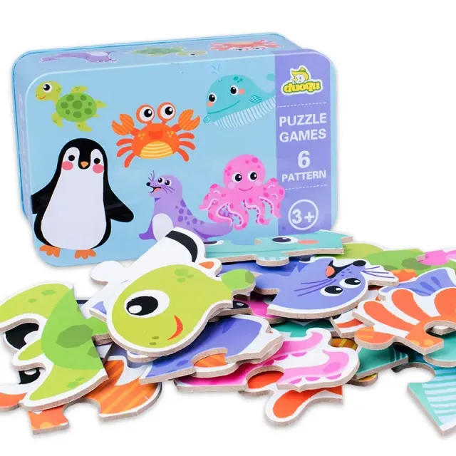 Set of wooden puzzles for children in various motifs