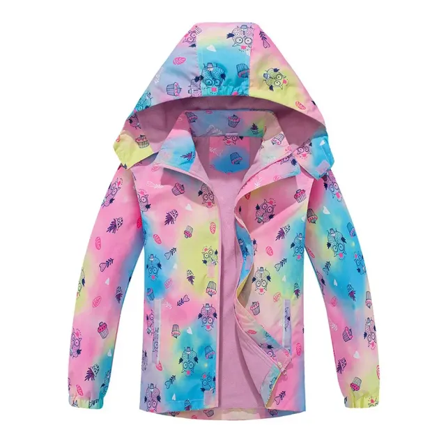 Girl rain jacket with hood and camouflage in rainbow colors - Waterproof and light baby jacket with removable hood and fleece lining