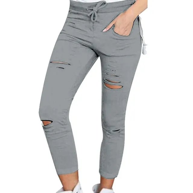 Women's skinny jeans with holes and drawstring