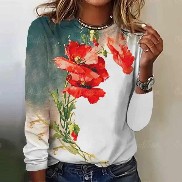 Women's long sleeve t-shirt with three-dimensional flower print - More variations