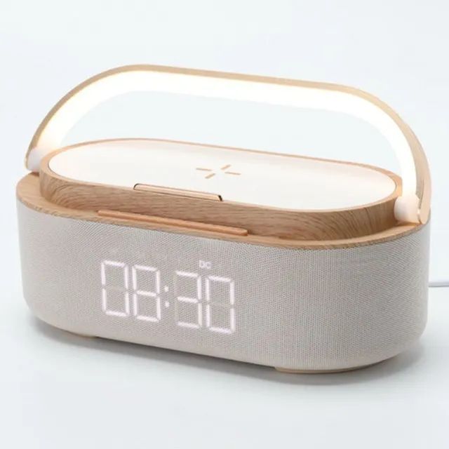 Radio alarm clock with USB charging, Bluetooth speaker, Qi wireless charging, dual alarm and dimmable LED display