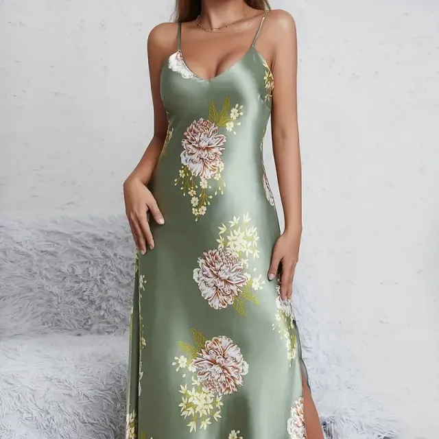 Nightgown with floral printing, sexy V-neck, exposed back and spaghetti straps