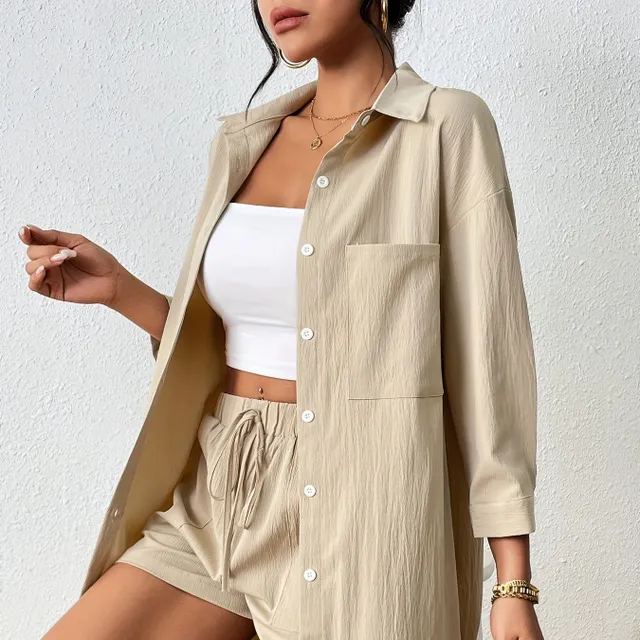 Full-length casual two-piece set, button front collar shirt & stretching elastic waistband shorts, women's clothing