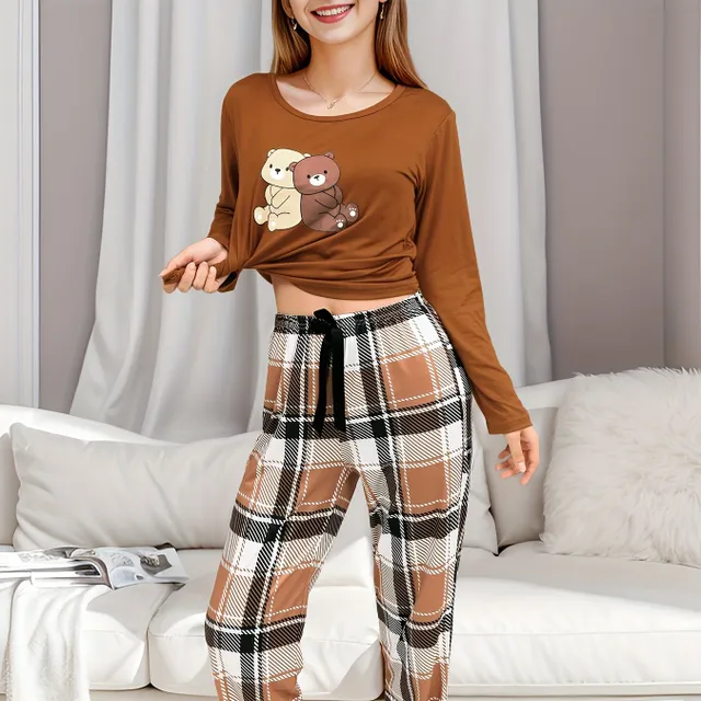 Dámský loungewear set s potiskem medvídků - Vrchní díl s dlouhým rukávem a kulatým výstřihem, kalhoty s kostkami a mašlí