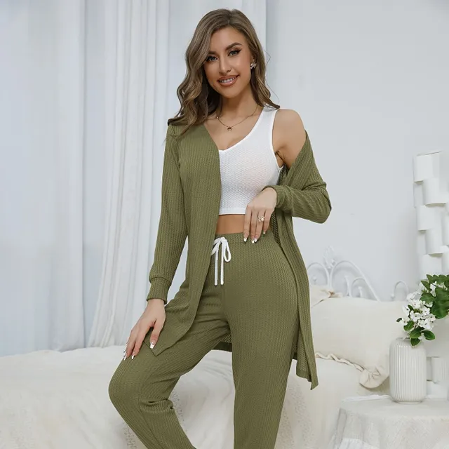 Women's loungewear set Waffle Solid - long robe and V-cut tank top - comfort in your home