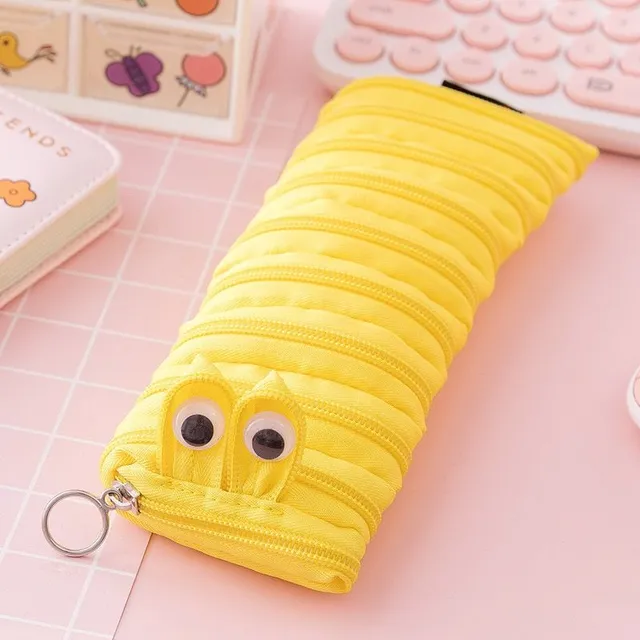 Original modern one-colour funny school pencil case in the shape of a cute worm with moving eyes