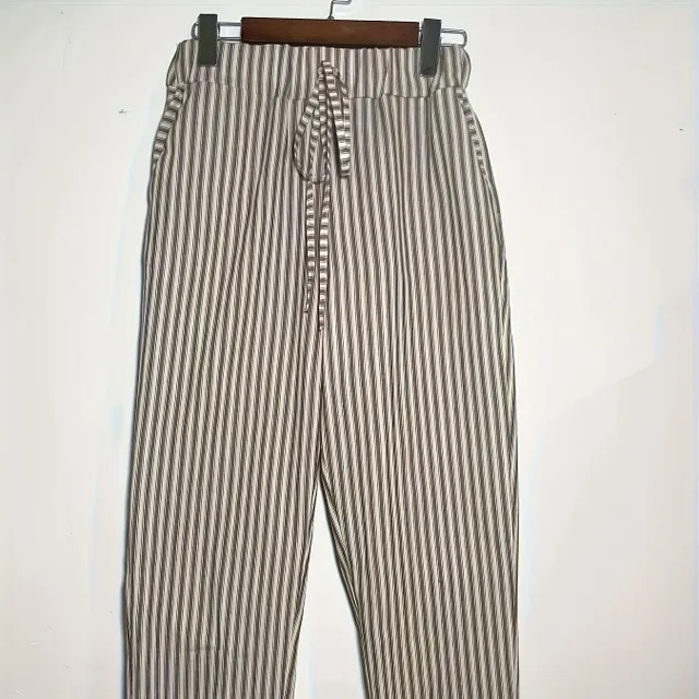 Striped trousers with slippery drawstring pockets, casual spring and summer trousers, women's clothing