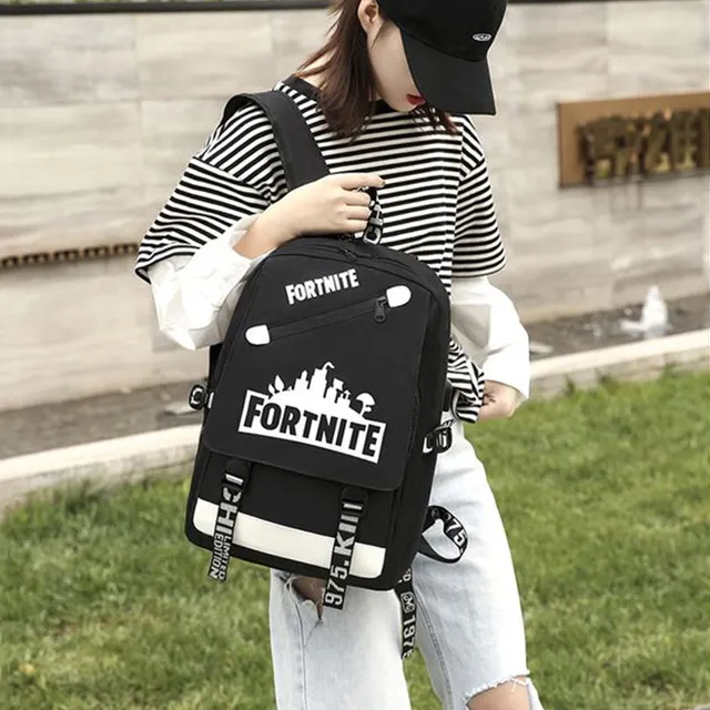 School backpack with USB port and earphones printed by Fortnite UZO