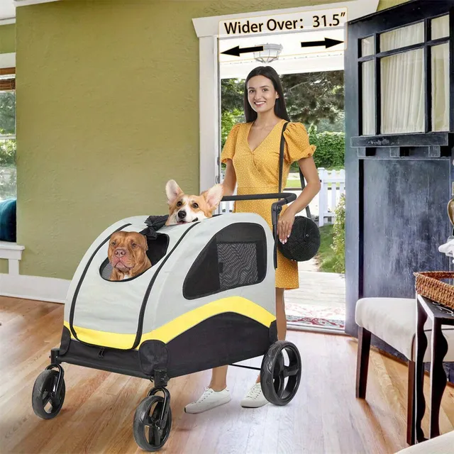 Carrito plegable de cuatro ruedas para dos perros con divisor extraíble