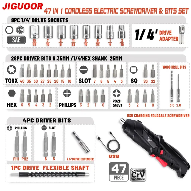 Electric screwdriver 47v1 with battery 3.6 V Li-ion and rotary function - ideal for home DIY and DIY projects