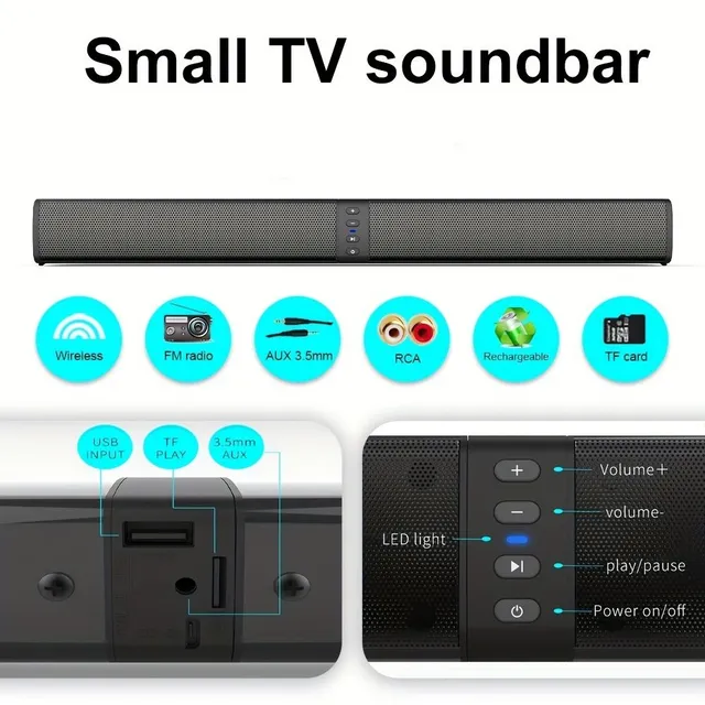 Sistem home cinema sunet 3D cu difuzor detașabil fără fir de 20W, soundbar subwoofer multifuncțional cu suport pliabil pentru TV/PC