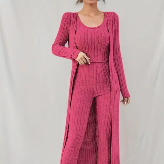 Women's 3-piece ribbed set: shortened top, cardigan with long sleeve and trousers with high waist