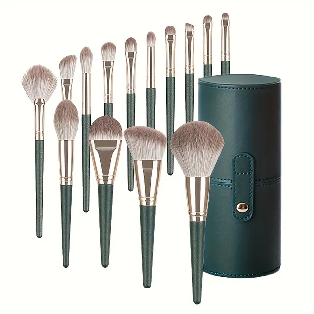 Luxury 14-piece set of make-up brushes - stuffed, green professional brushes for detailed make-up of whole face and eyes