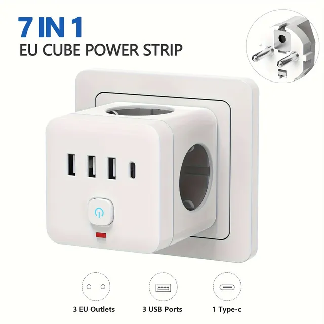 Priză de alimentare UE 7 în 1 cu protecție împotriva supratensiunilor, 3 prize + 3 USB + 1 USB-C, stație de încărcare cu protecție împotriva suprasarcinilor