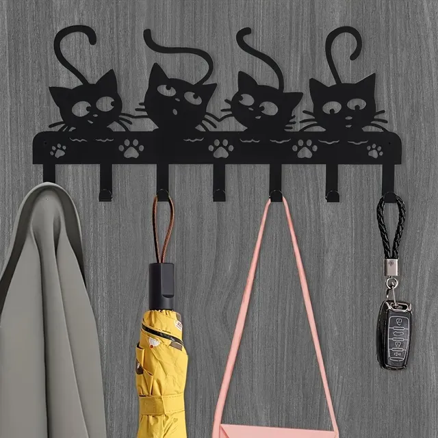 Magic wall hooks with black cat - 7 hooks of metal, decorative key stand for bedroom, iron hooks for door