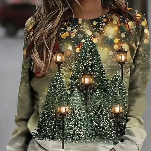 Women's Christmas sweater with tree printing, casual long sleeve, round neckline