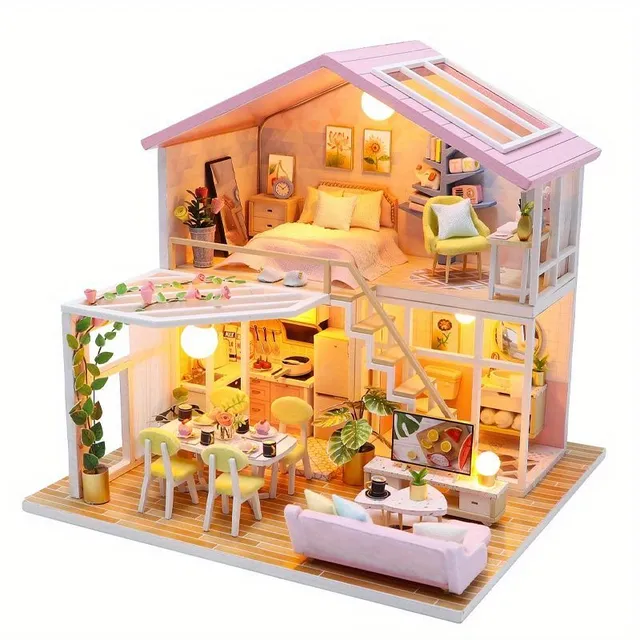 Miniature kit of play house, set Model of building with furniture Doll Miniature house for girls Room Bedroom Home accessories Compilation of 3D three-dimensional puzzle Toys Birthday Handmade gift