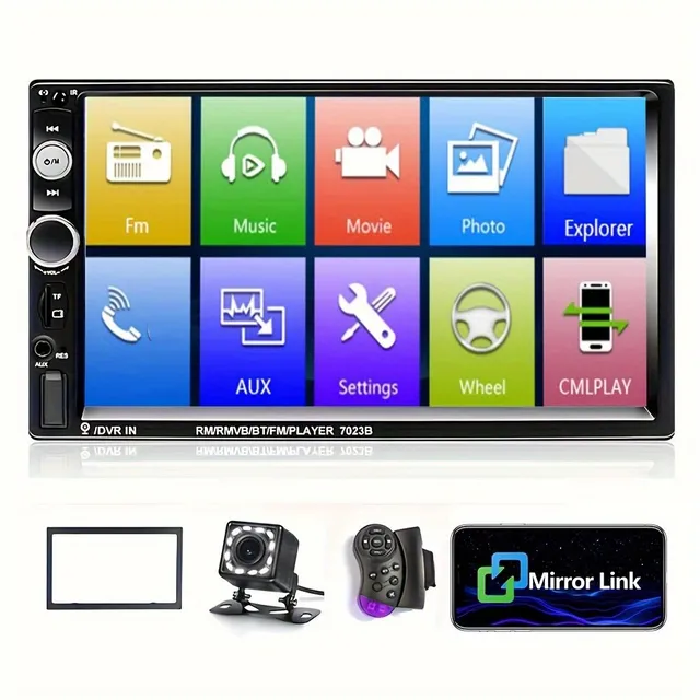 2DIN Car radio with 17,78cm MP5 player, touch screen, USB, SD, FM, Aux-in, mirroring phone and reverse camera + frame