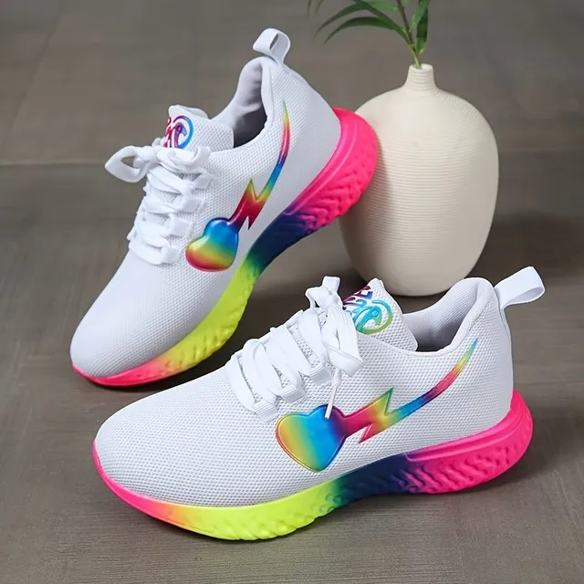 Damen Laufschuhe mit Regenbogen-Sohle aus atmungsaktivem Gewebe und Schnürsenkeln