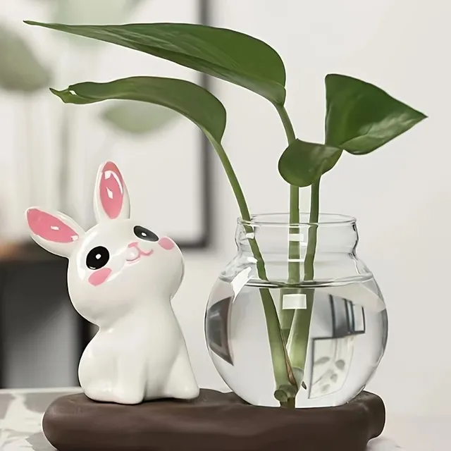 Hydroponic vase with ceramic rabbit for growing plants