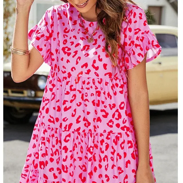 Women's dresses in pink colour, with printing and short sleeve