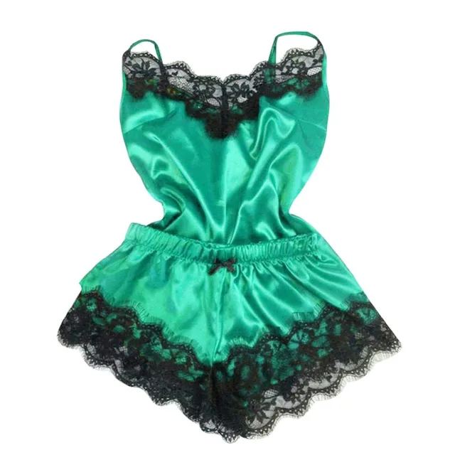 Damski satynowy koronkowy komplet piżamowy s green-200004889