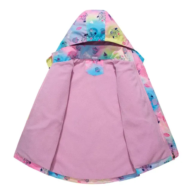 Girl rain jacket with hood and camouflage in rainbow colors - Waterproof and light baby jacket with removable hood and fleece lining